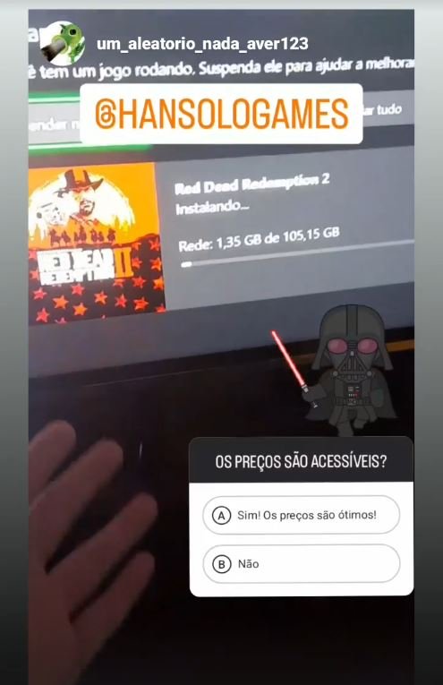 Story com Red Dead Redemption 2 baixando e enquete respondendo que os preços são acessíveis
