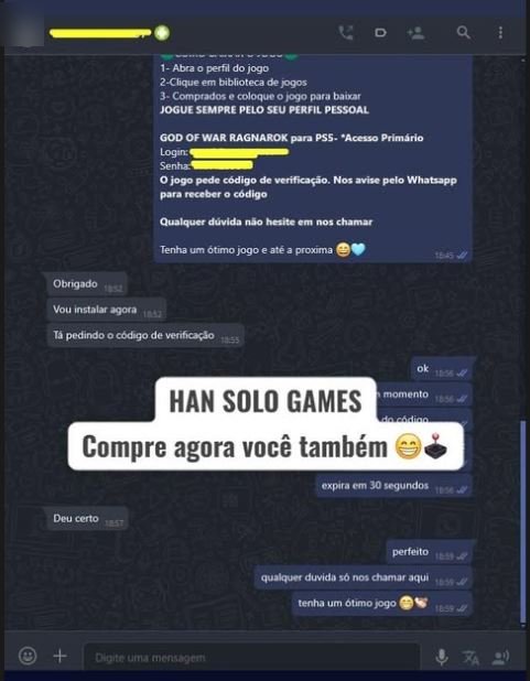 Conversa de WhatsApp: entrega de God of War Ragnarök para PS5 com o passo a passo