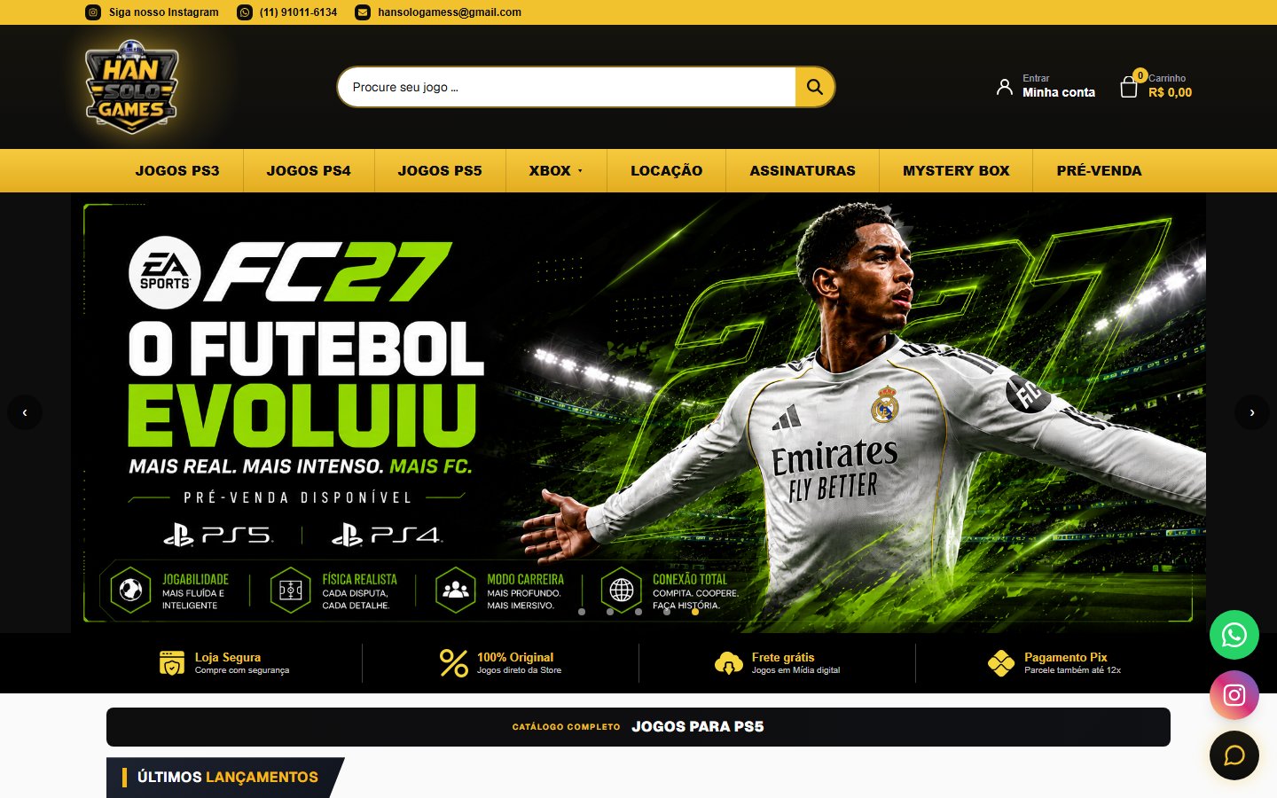 Página inicial do site da Han Solo Games, com o catálogo de jogos
